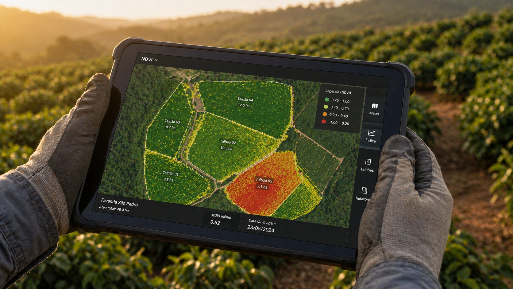 Tablet em campo mostrando mapa NDVI dos talhões da fazenda no AgroOS
