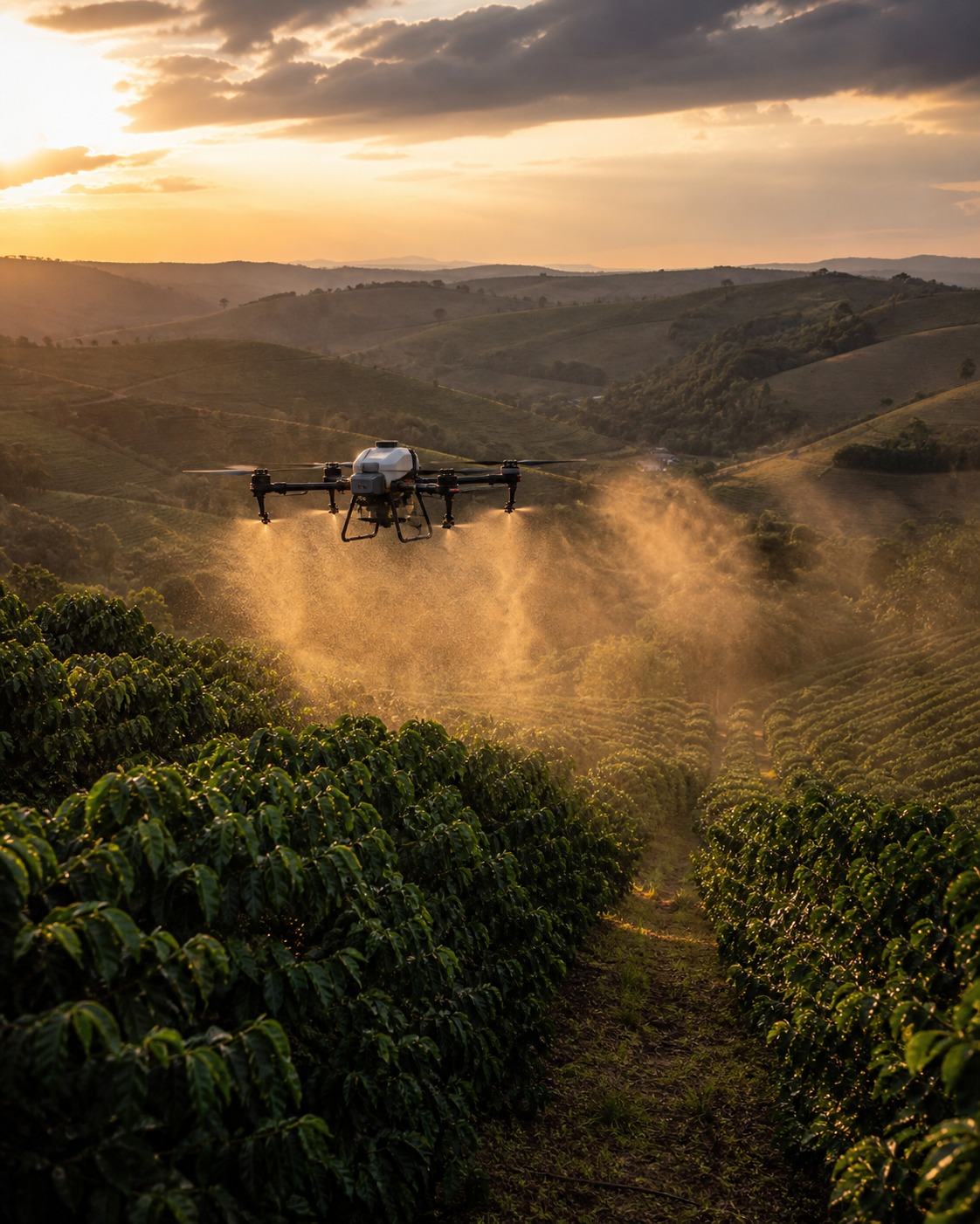 Drone agrícola Agrovyx aplicando em lavoura de café no Sul de Minas Gerais