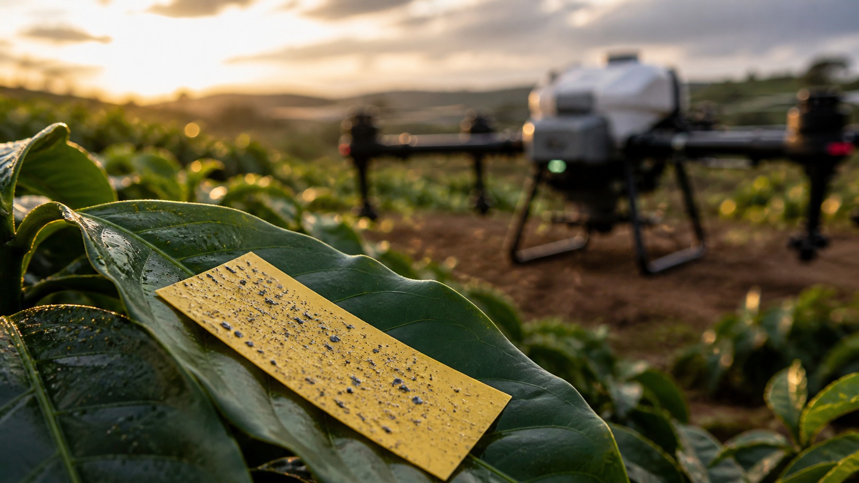 Papel hidrossensível mostrando cobertura uniforme da aplicação por drone